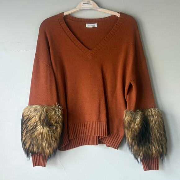 NAADAM Cashmere Sweater with Faux Fur Cuff Sleeves in Rust Brown - Picture 6 of 9